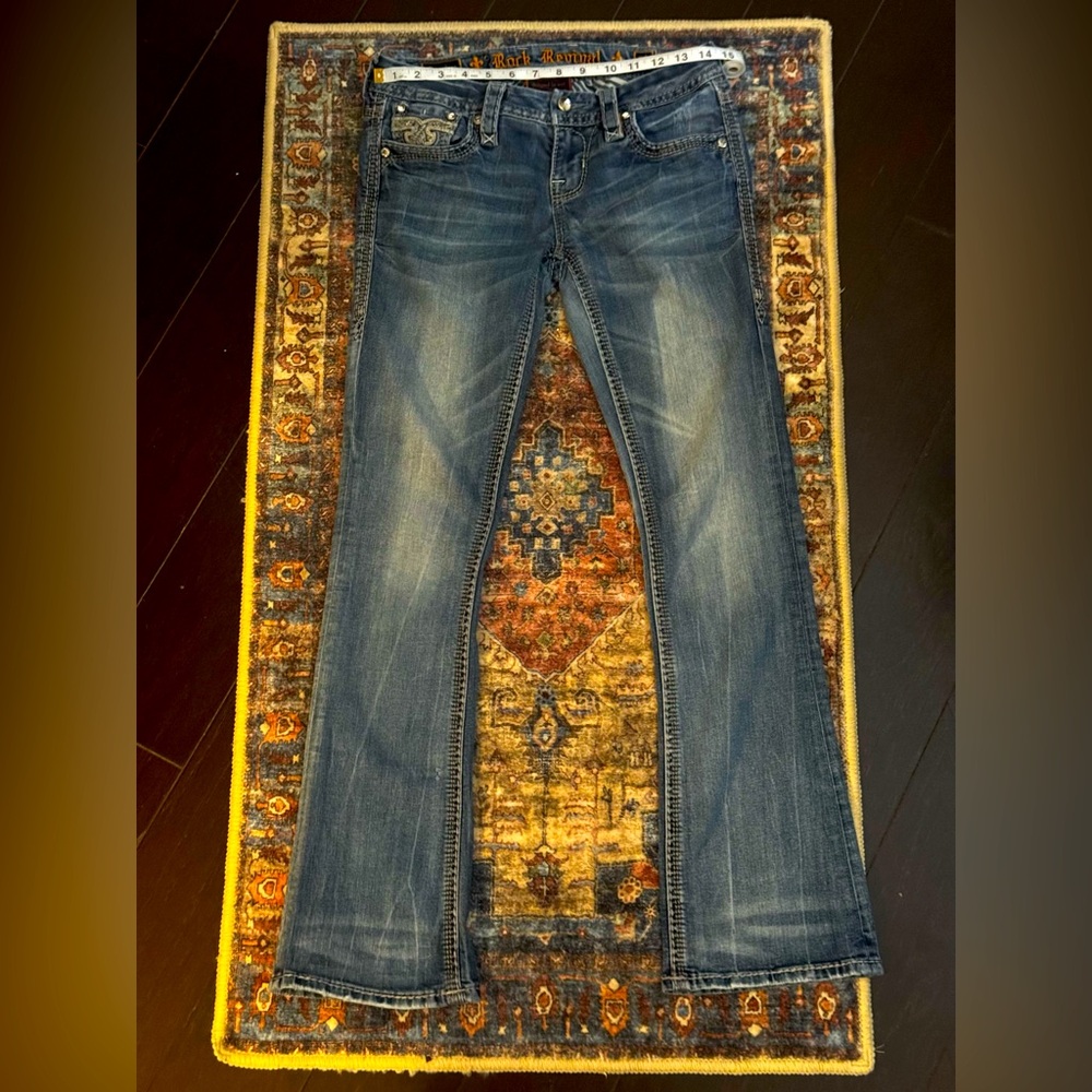 Rock Revival Sapphire Boot Cut Jeans Mid Rise Bling Size 28